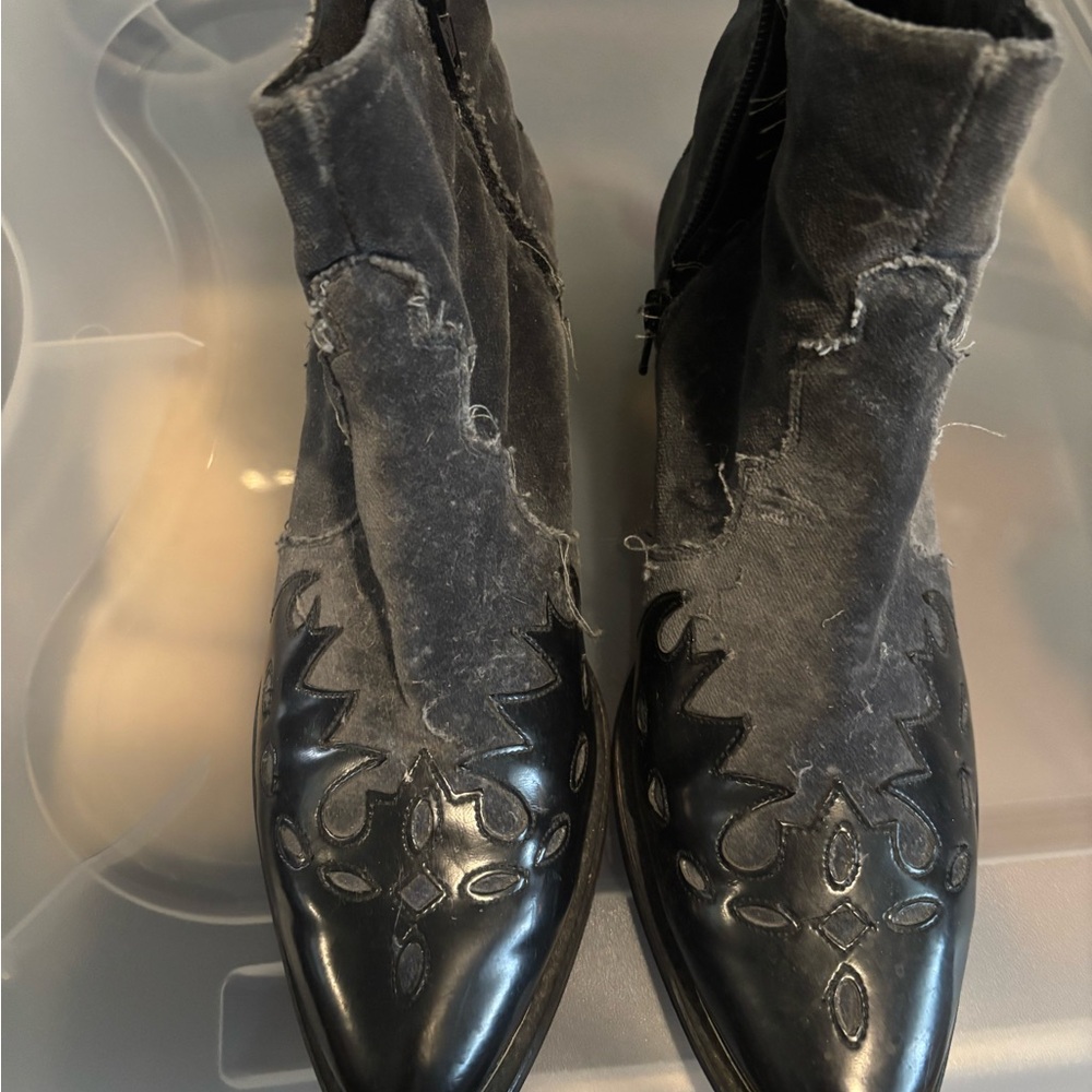 Distressed Gray and Black Ankle Boots